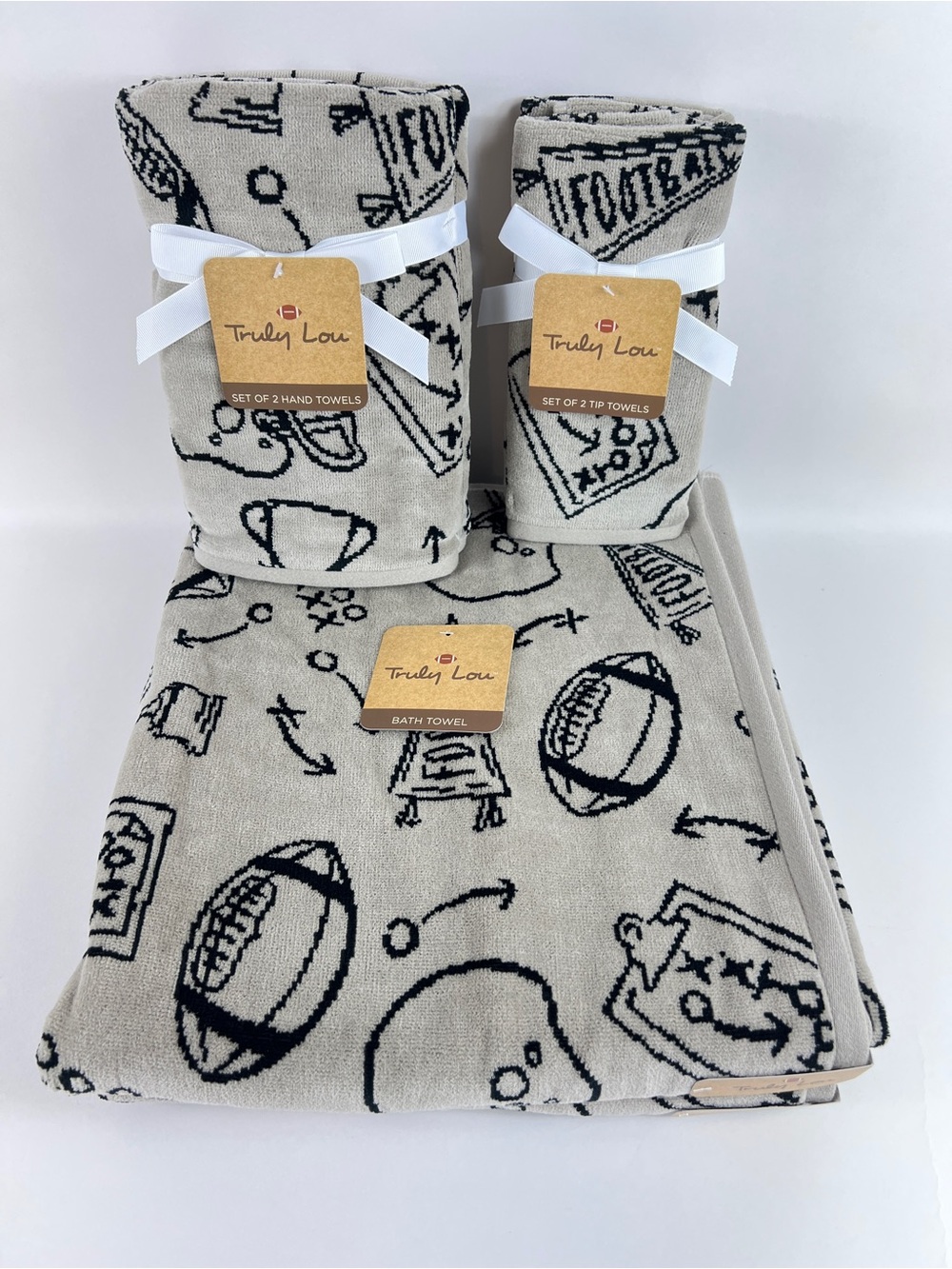 Truly Lou Bath Towels Fun Football Design Black Tan Soft Velour Cotton 6 Pc NEW